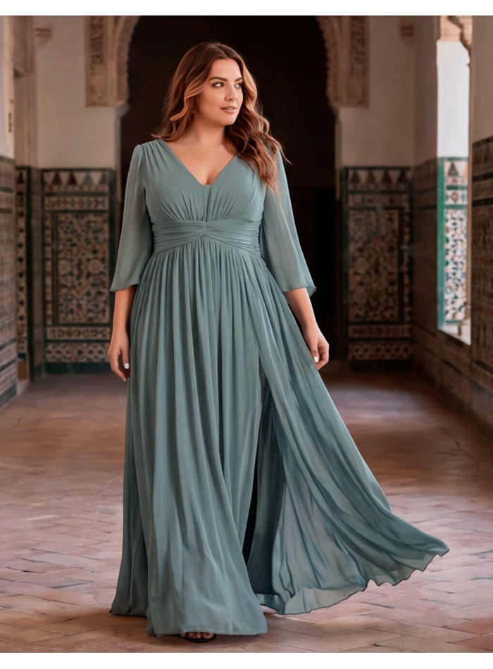 Robe de soirée longue bleu fumé, grande taille, avec décolleté en V et manches en mousseline