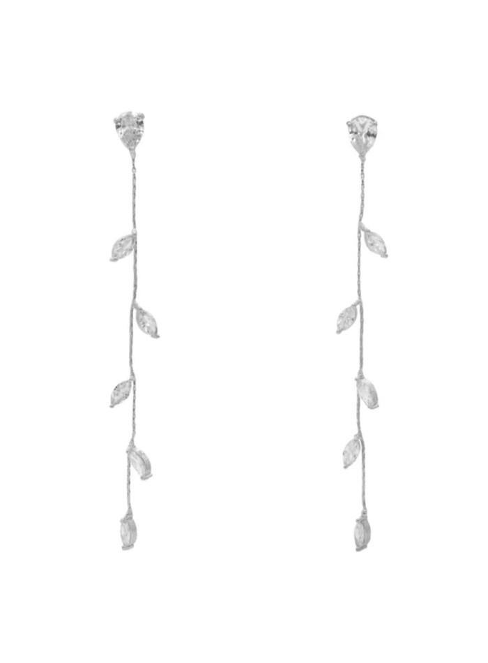 Long silver earrings with oval leaves