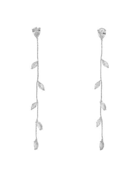 Long silver earrings with oval leaves
