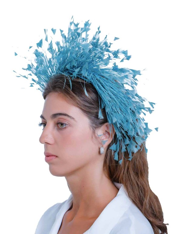 Diadema de plumas naturales azul de Margarita Sangiovanni