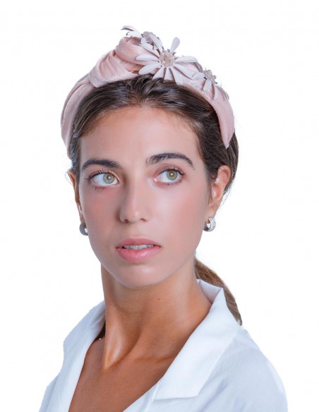 Silk nude headband with flowers and rose quartz crystals by Margarita Sangiovanni