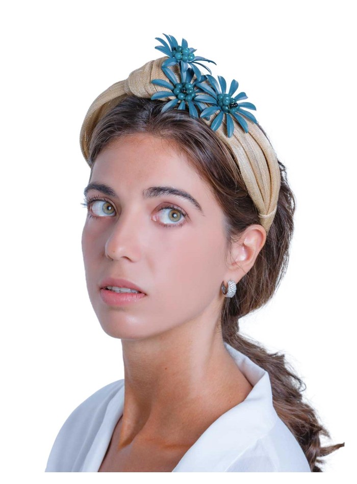 Beige silk headband with flowers and jade stones by Margarita Sangiovanni