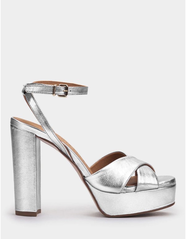 Silver metallic leather platform heeled sandals