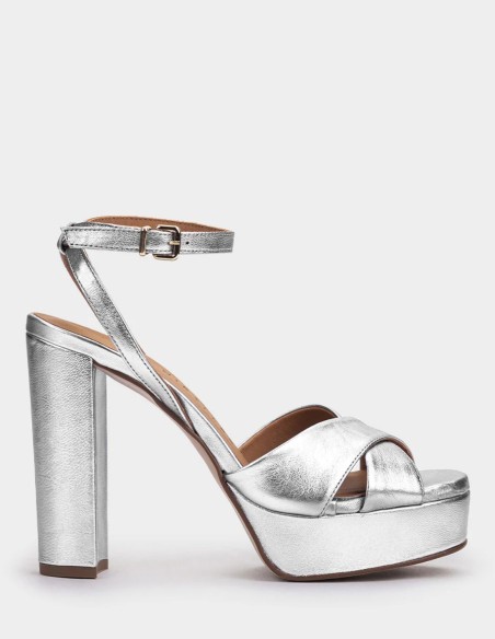 Silver metallic leather platform heeled sandals