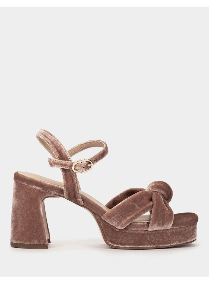 Nude-pink velvet heeled sandals