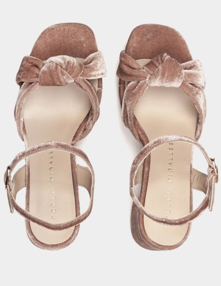Nude-pink velvet heeled sandals
