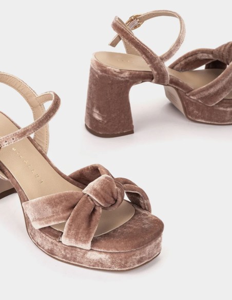 Nude-pink velvet heeled sandals