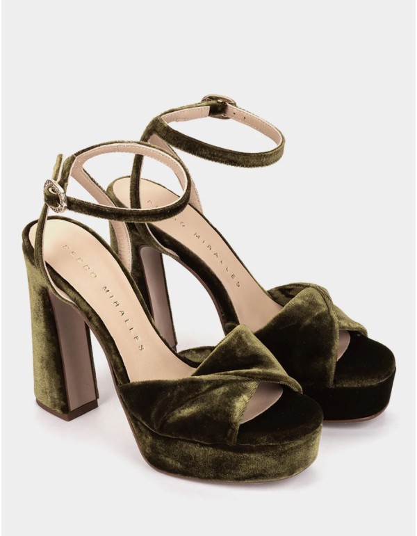 Dark green velvet high-heeled sandals