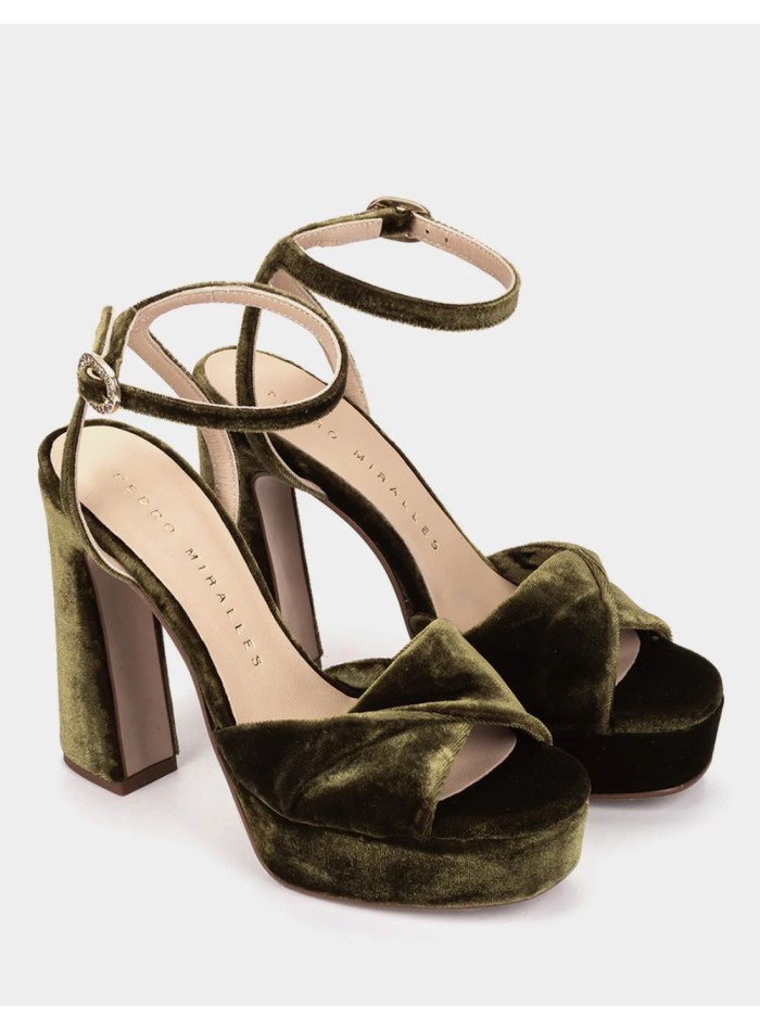 Dark green velvet high-heeled sandals