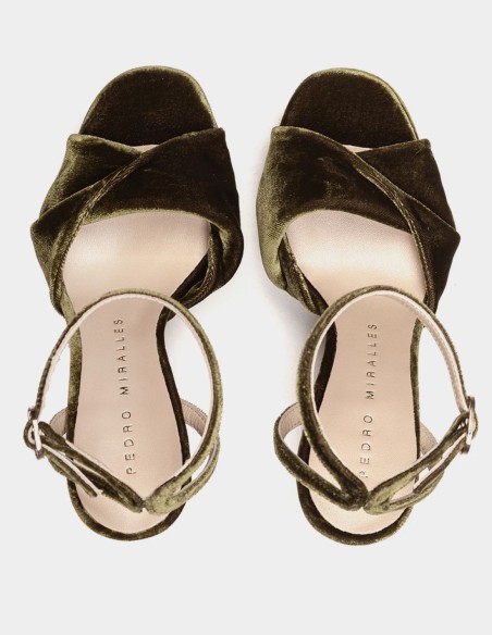 Dark green velvet high-heeled sandals
