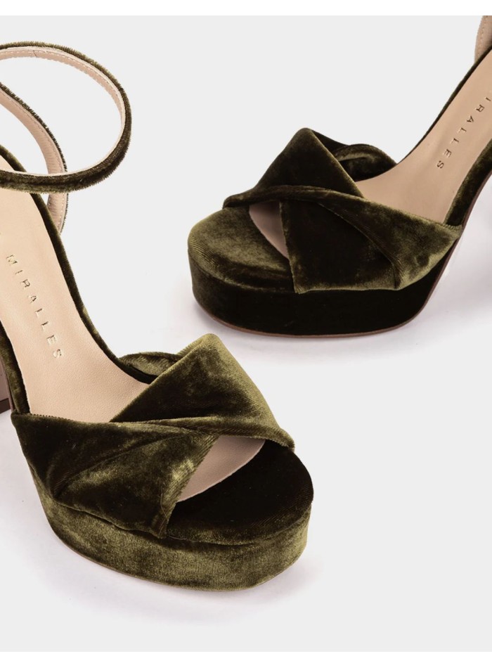 Dark green velvet high-heeled sandals