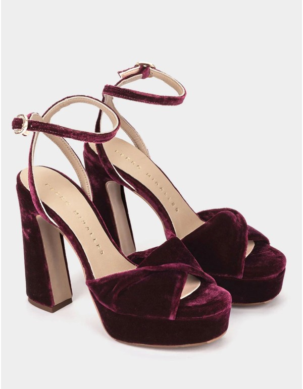 Burgundy velvet high-heeled sandals