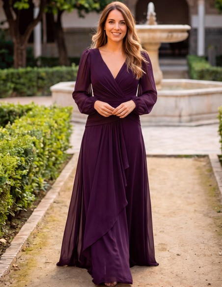 Long plum-colored evening gown with a crossover neckline and long chiffon sleeves