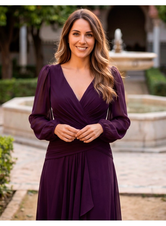Un vestido de fiesta largo color ciruela elegante y sofisticado para invitadas que buscan un look inolvidable