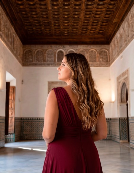 Long burgundy dress with V-neckline and draped waist for guests