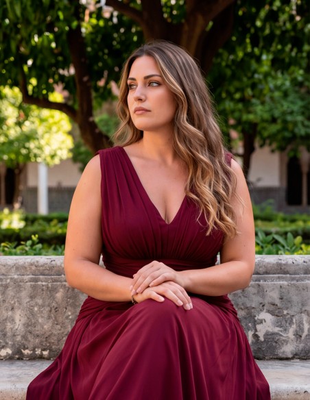 Vestido largo burdeos con escote en pico y drapeado en cintura para invitada talla grande