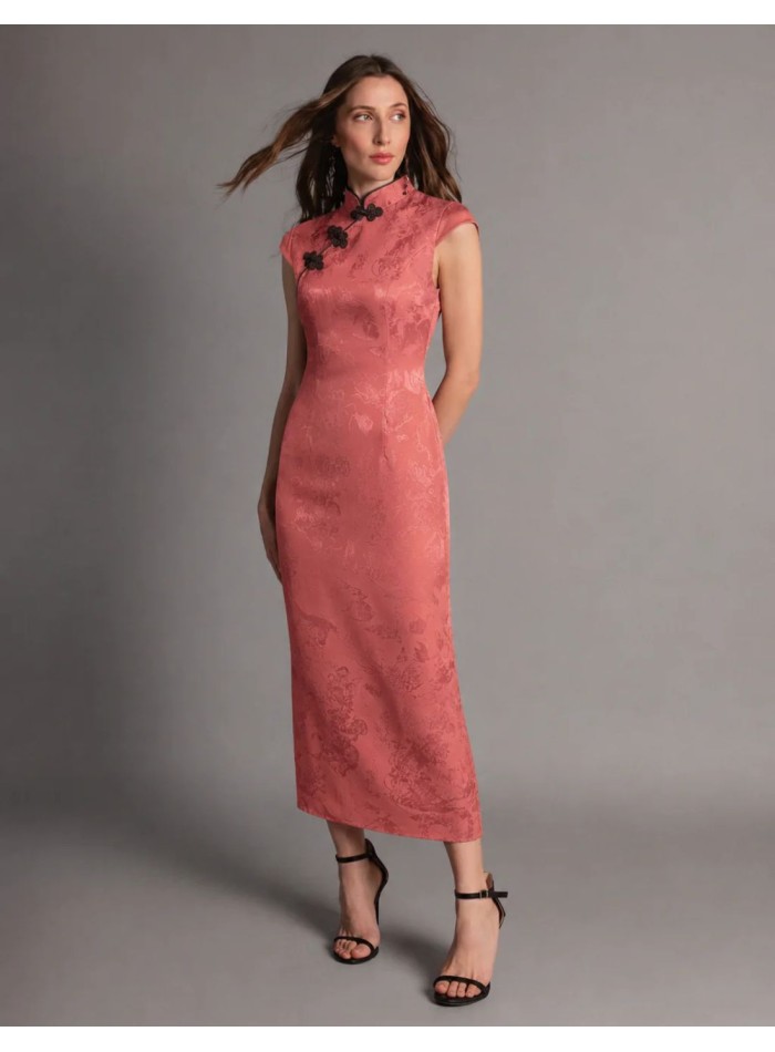 Terracotta-colored midi dress in satin fabric...