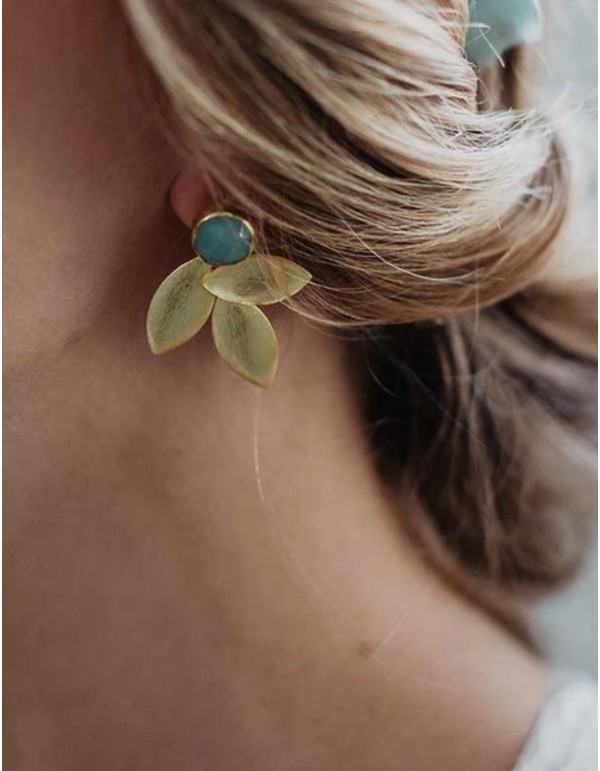 Gold leaf earrings with aqua-green stones