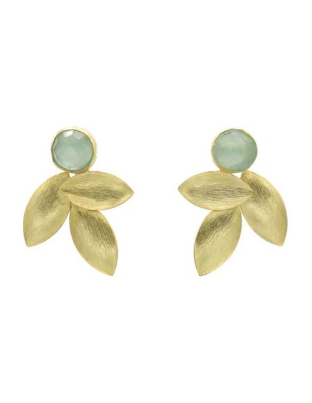 Gold leaf earrings with aqua-green stones