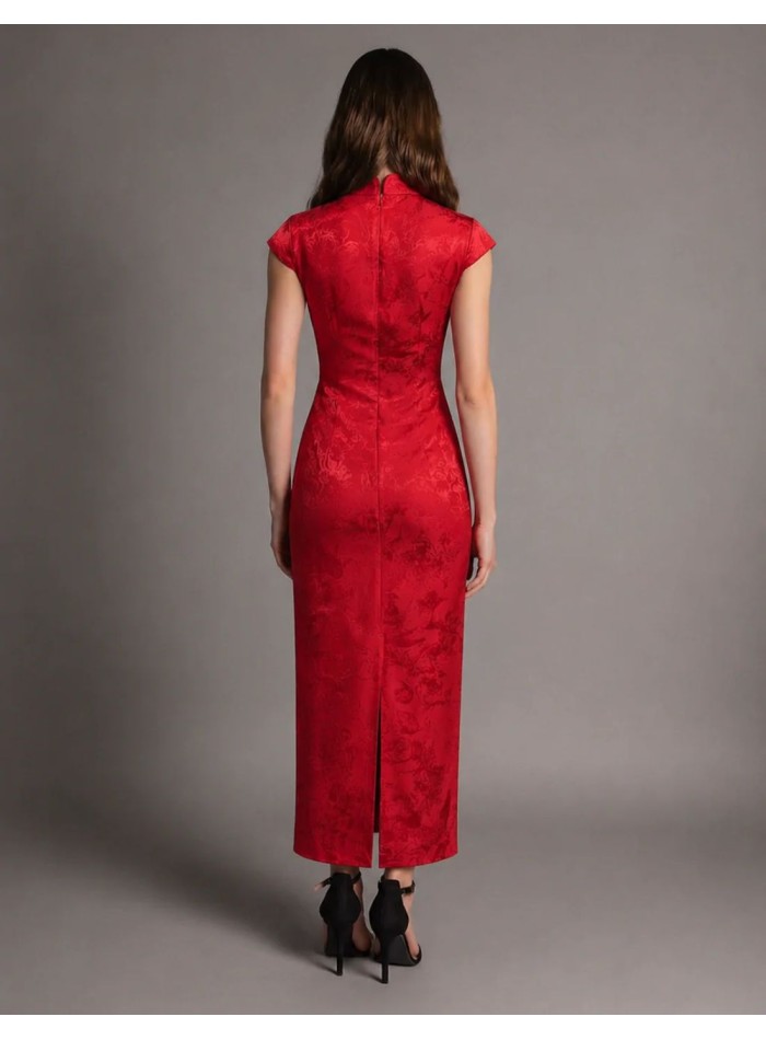 Red midi dress in satin fabric with an oriental...