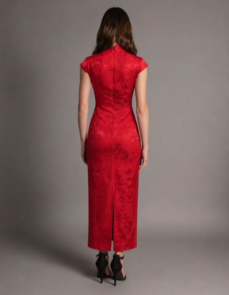 Red midi dress in satin fabric with an oriental neckline