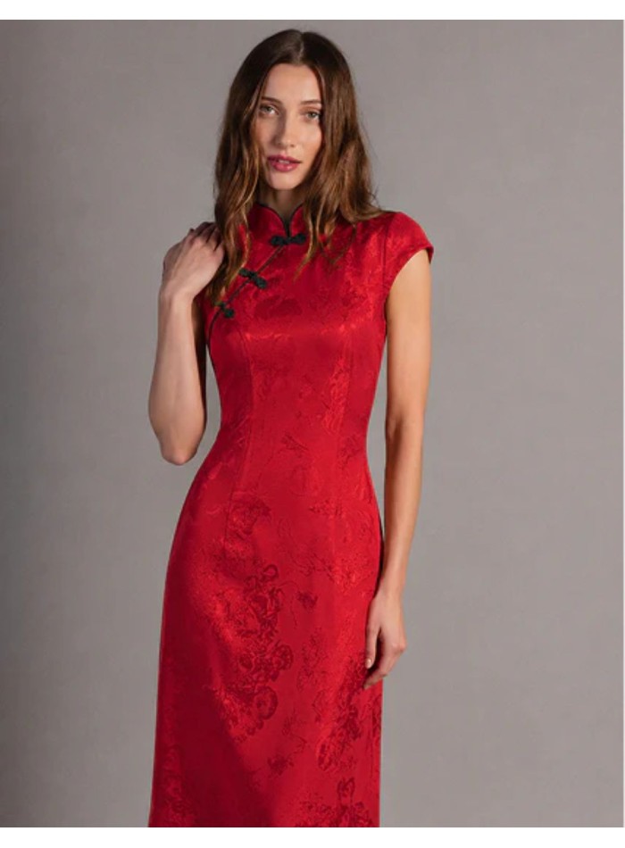 Red midi dress in satin fabric with an oriental...