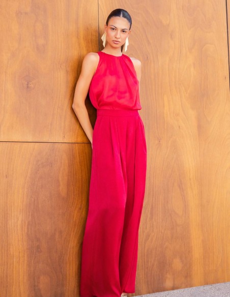 Ruby-colored chiffon blouse with pleats in the front