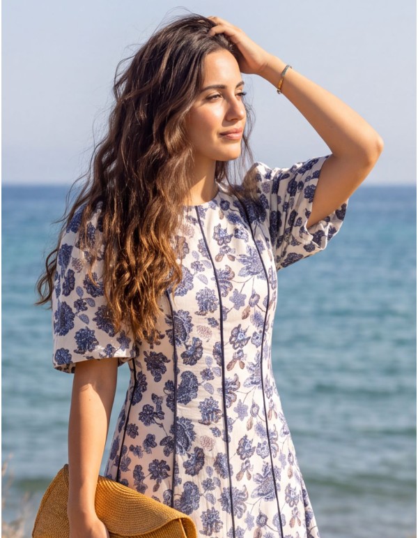 Blue printed midi dress with puff sleeves