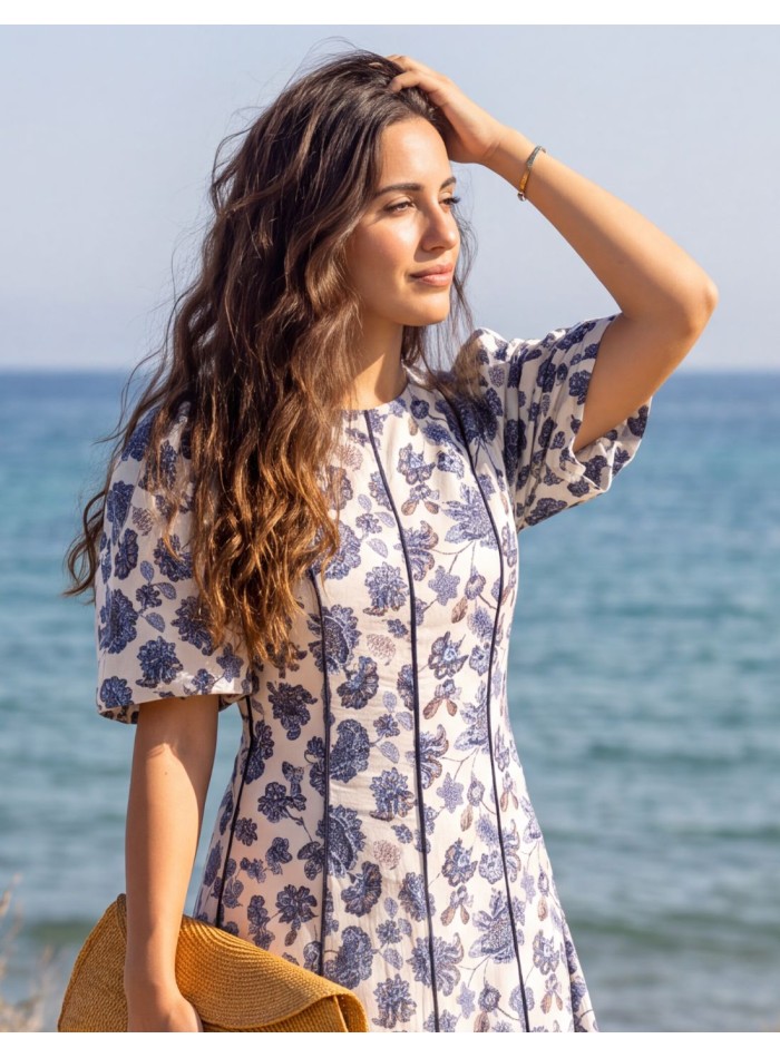 Blue printed midi dress with puff sleeves