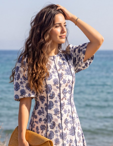 Blue printed midi dress with puff sleeves