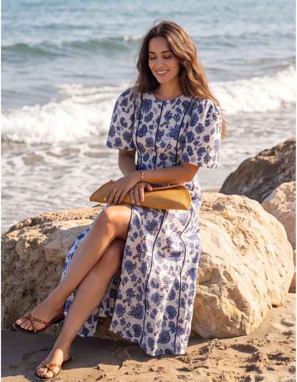 Vestido midi estampado azul con mangas abullonadas 2