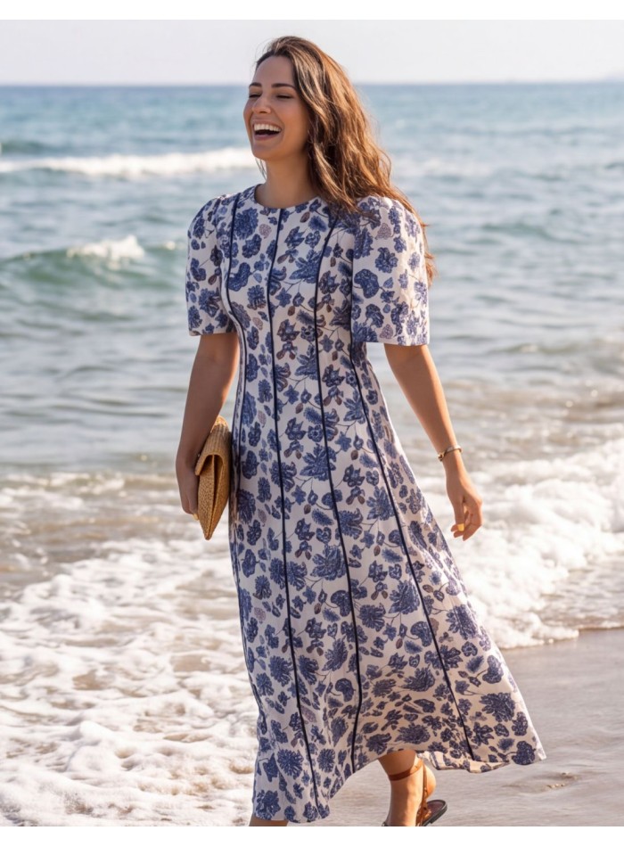 Robe midi à imprimé bleu avec des manches...