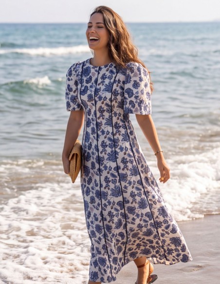 Blue printed midi dress with puff sleeves