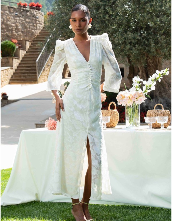 Vestido midi de invitada en jacquard con mangas abullonadas