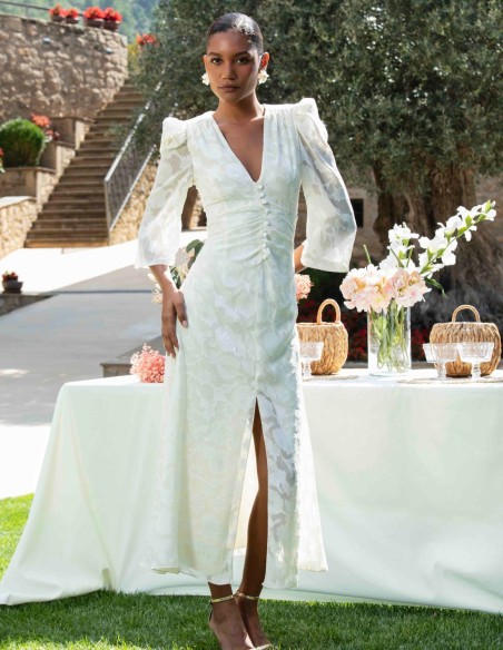 Robe midi en jacquard à manches bouffantes