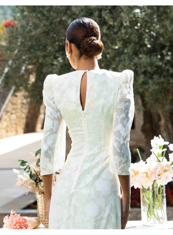 Robe midi en jacquard à manches bouffantes