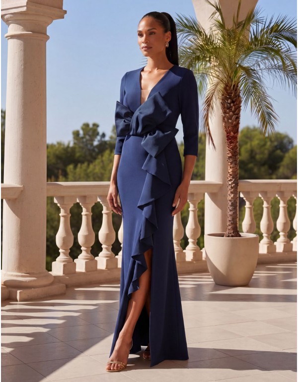 Navy blue floor-length guest dress with a V-neckline
