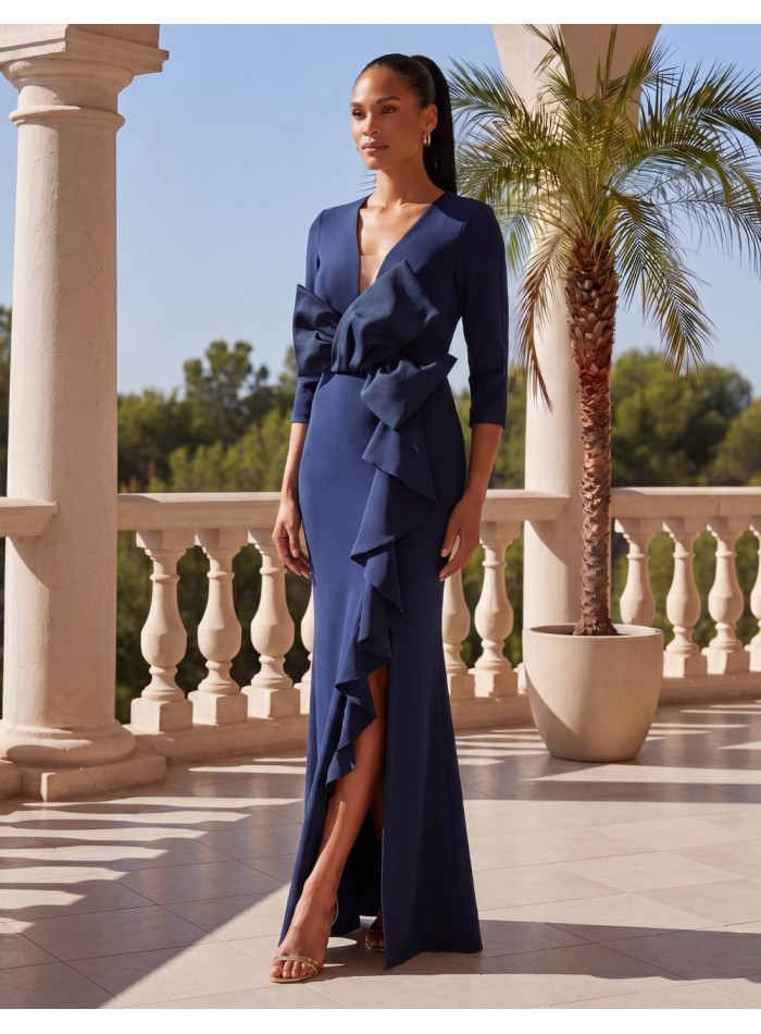Navy blue floor-length guest dress with a...
