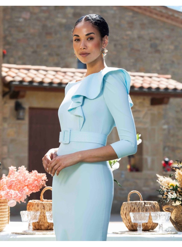 Light blue midi dress with a ruffled shoulder...