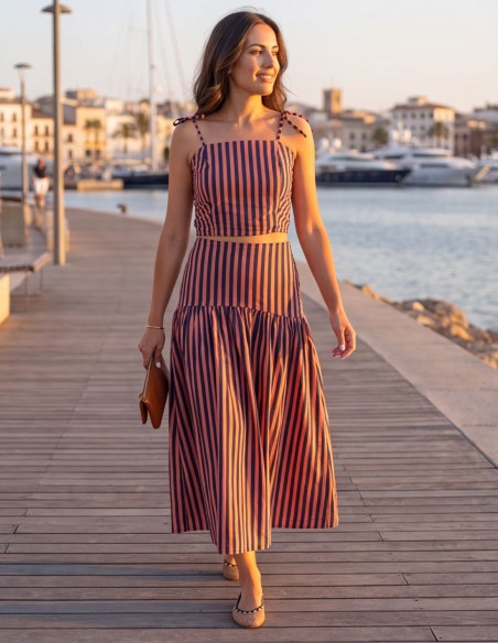 Pink-and-blue striped tank top and midi skirt set