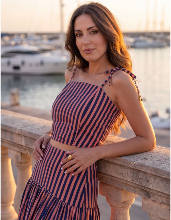 Pink-and-blue striped tank top and midi skirt set 2