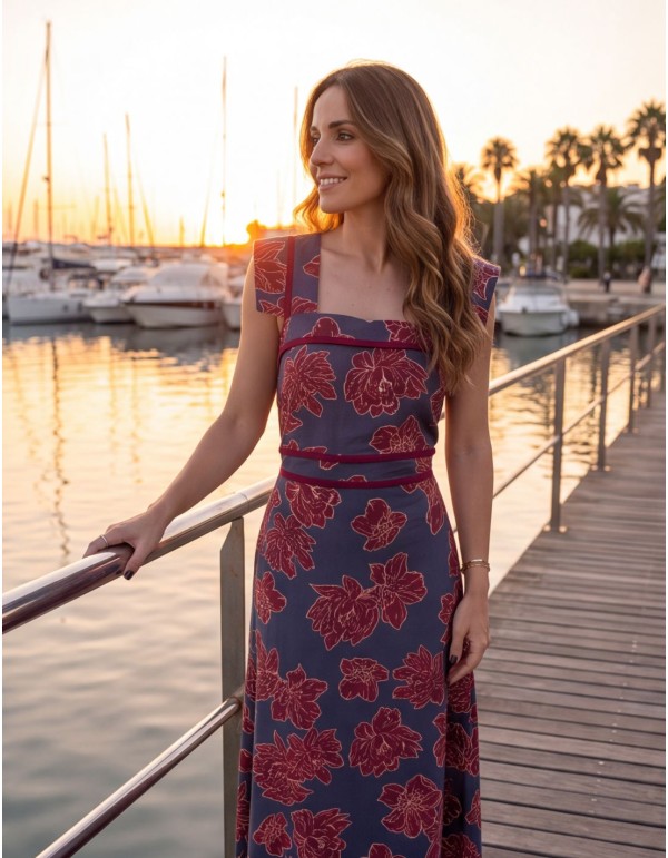 Floral-print midi dress with a square neckline