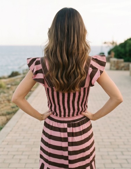 Brown and pink striped top and skirt set