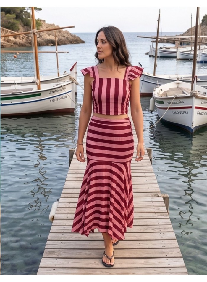Pink and maroon striped top and skirt set
