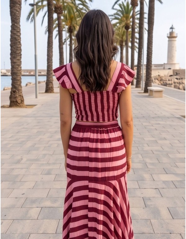 Pink and maroon striped top and skirt set 2