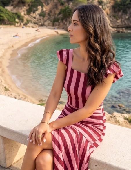 Conjunto de top y falda de rayas rosa y granate con volantes