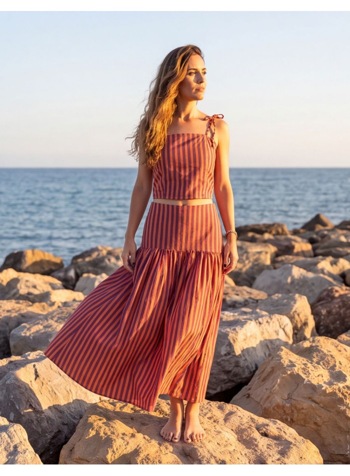 Purple and orange striped top and midi skirt set