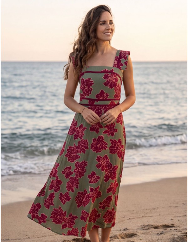 Vestido midi verde estampado con escote cuadrado