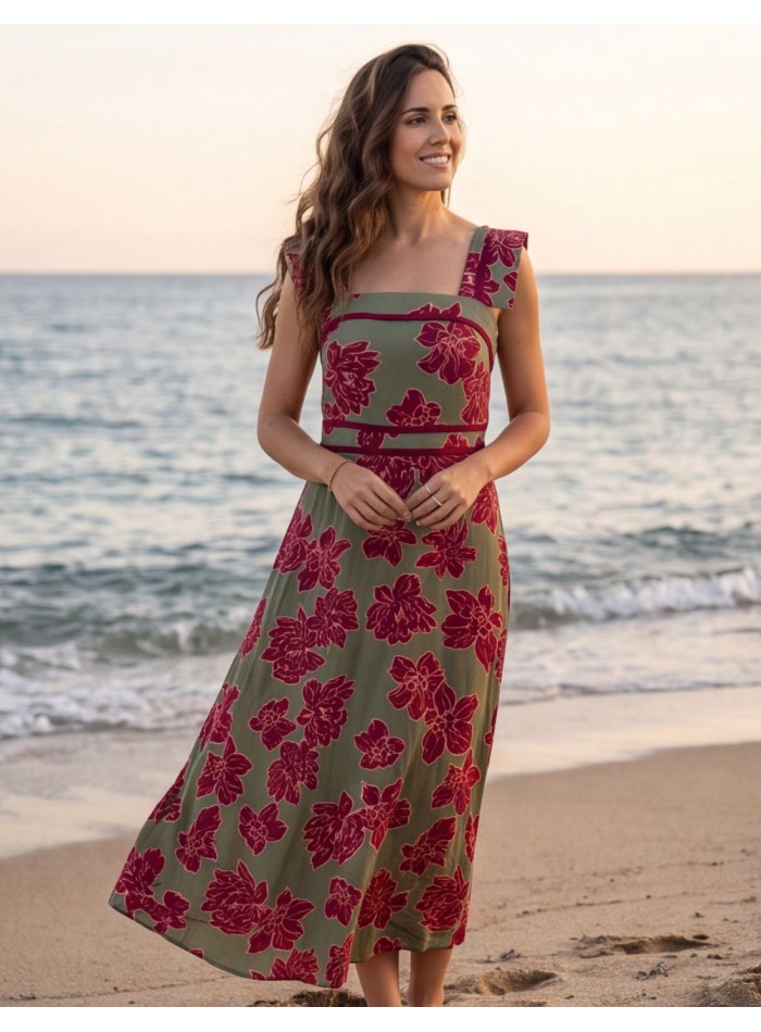 Robe midi verte à motifs, avec encolure carrée