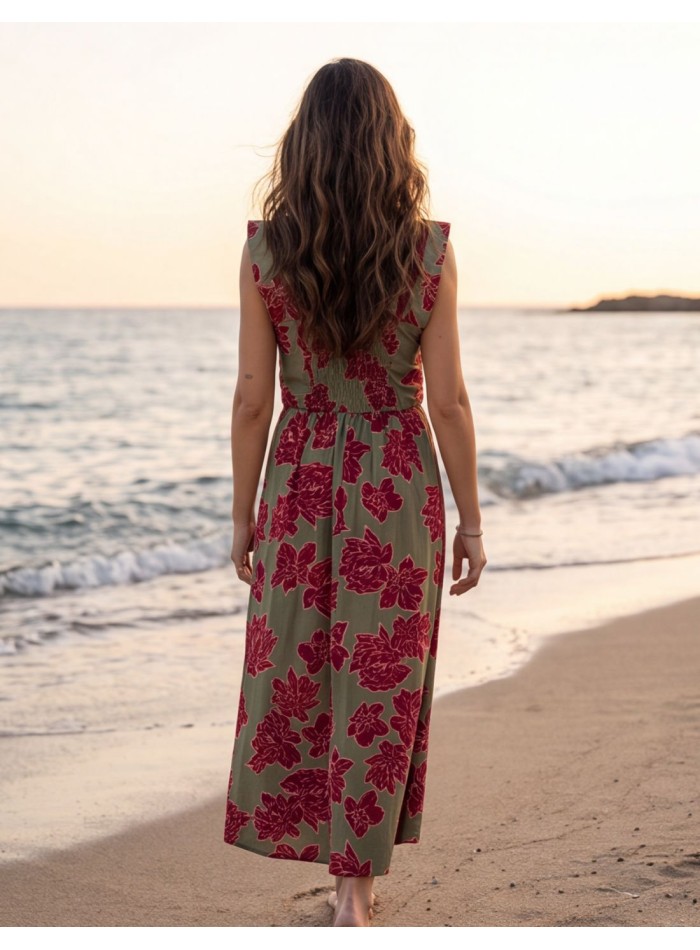 Vestido midi verde estampado con escote cuadrado estilo casual